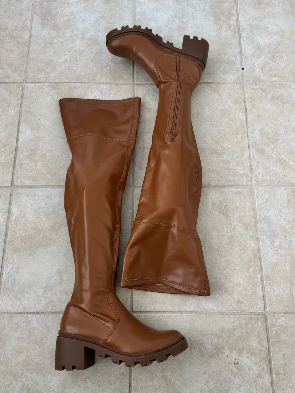 Womens Cognac Brown Faux Leather Over The Knee Lug Sole Chunky Heel Boots 9.5-10